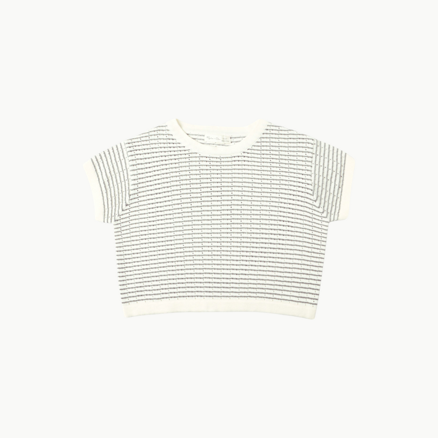 Boxy Crop Knit Tee Dusty Blue Stripe